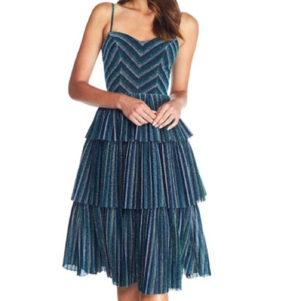 NWT Dress the Population Blue Green Kathy Metallic Stripe Dress - Sz M